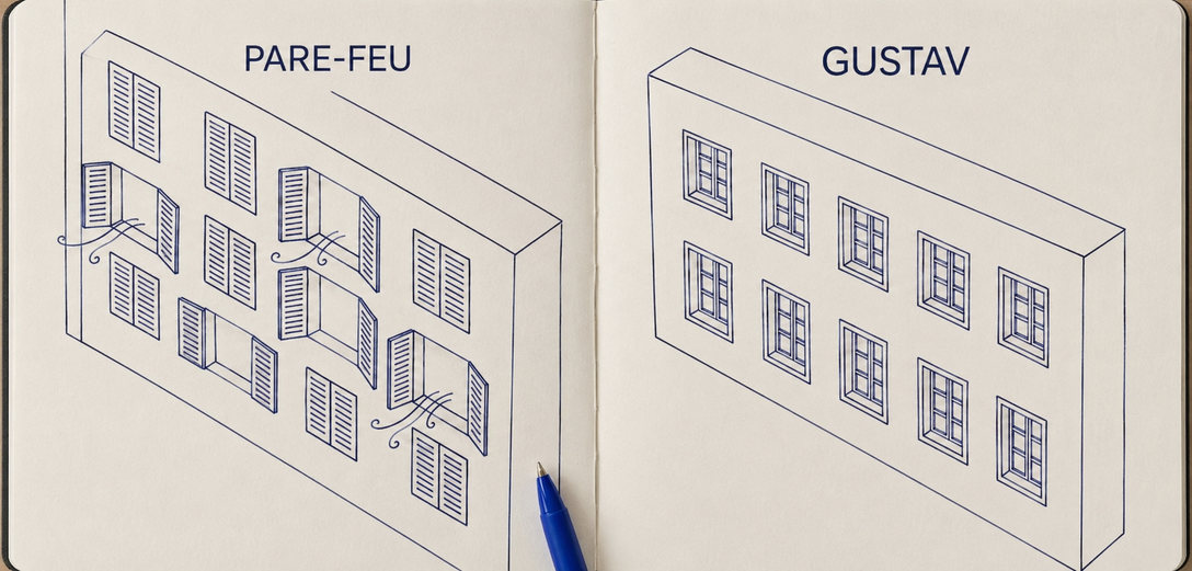 Comparaison dessinée entre un pare-feu classique et Gustav